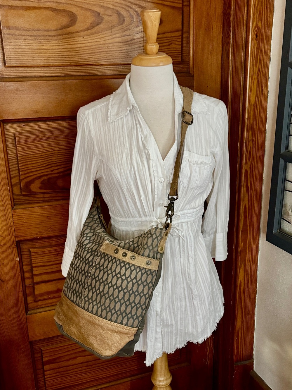 Myra Gray Pattern & Tan Leather Shoulder Bucket Bag Purse